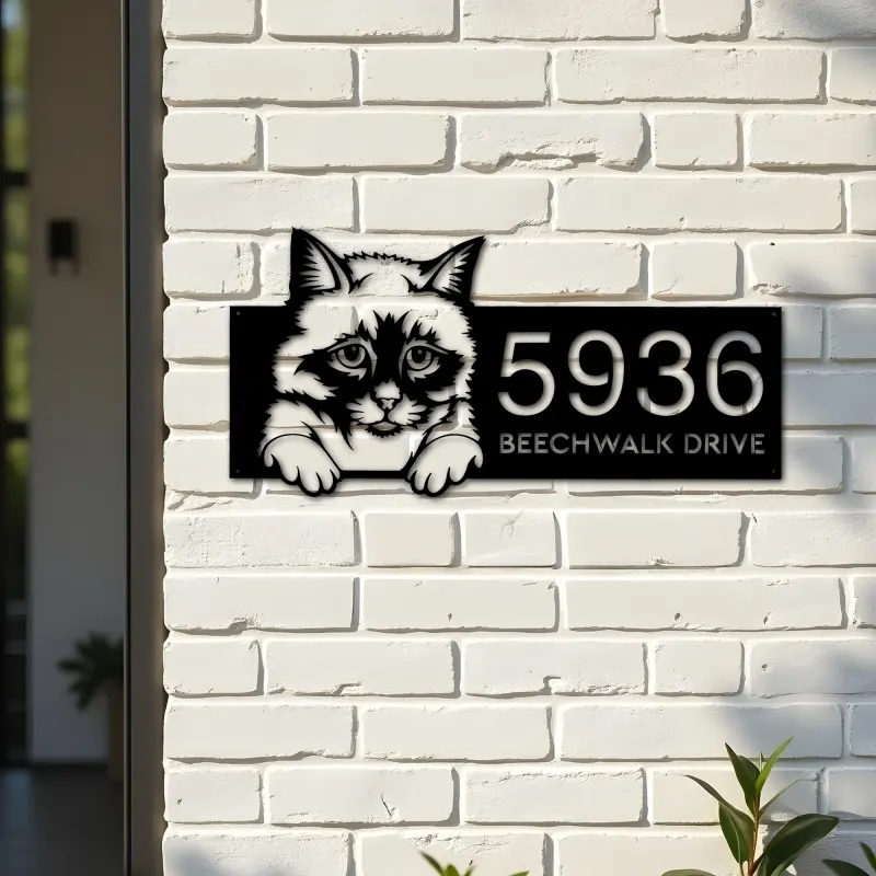 Custom Metal Birman Cute peeking cat kitten Metal Address Sign, House number, Outdoor Number Signage, Yard Sign Address Plate