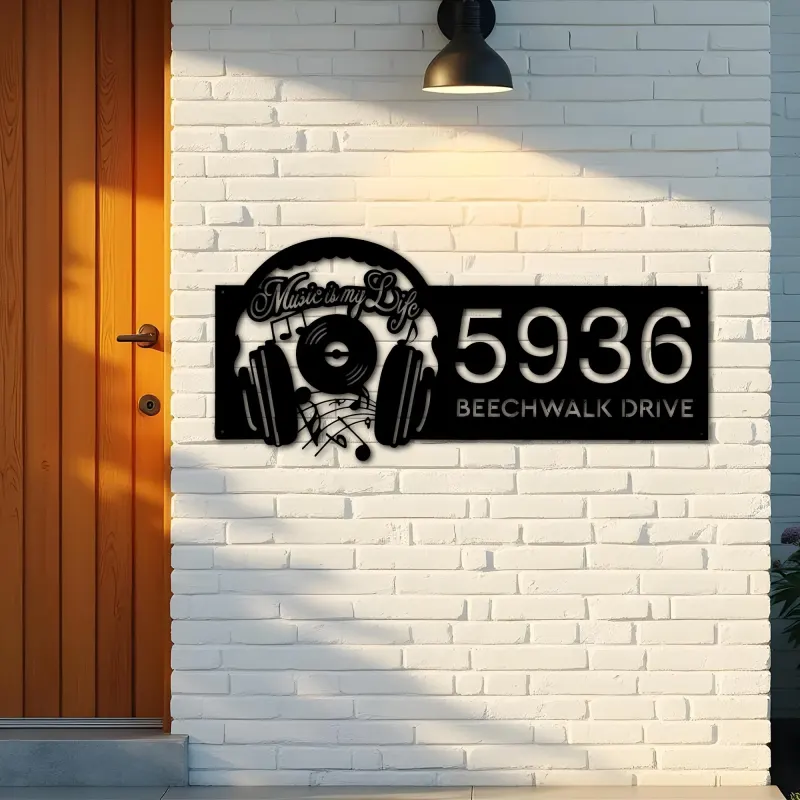 Custom Metal Music is my life headset Metal Address Sign Custom House number Hanging Address Plaque Yard Sign Outdoor