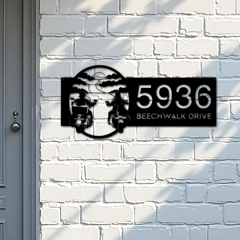 Custom Metal Biker brothers sunset Motocycle rider Metal Address Sign, House number, Outdoor Number Signage, Yard Sign Address Plate