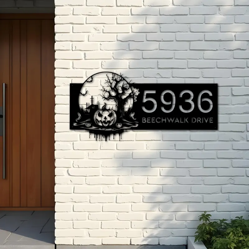 Custom Metal Haunted scene halloween pumpkin Metal Address Sign Custom House number Hanging Address Plaque Yard Outdoor Sign