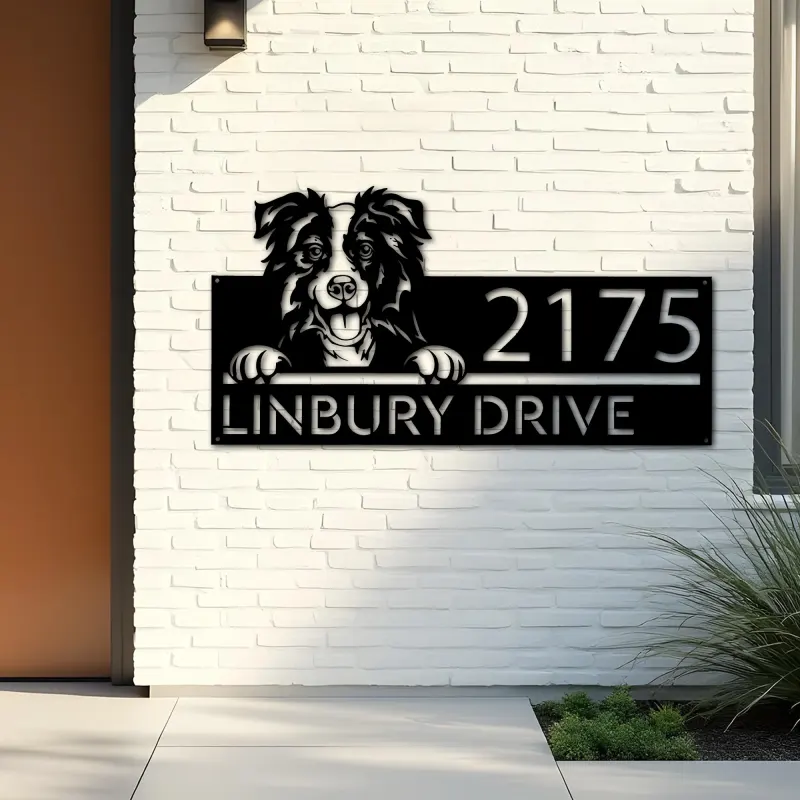 Custom Metal Border Collie dog cute puppy Metal Address Sign House number Hanging Address Plaque Yard Sign Outdoor decor