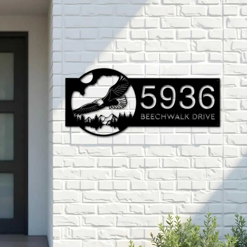 Custom Metal Eagle flying mountain forest scene Metal Address Sign, House number, Outdoor Number Signage, Yard Sign Address Plate