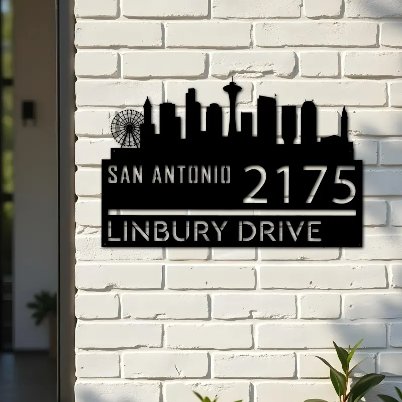Custom Metal San Antonio city skyline Metal Address Sign Hanging Address Plaque house number Yard Outdoor Sign