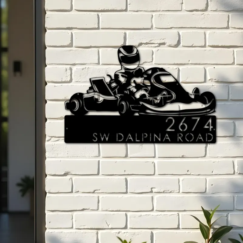 Custom Metal Go kart driver racing Metal Address Sign, House number, Outdoor Number Signage, Yard Sign Address Plate