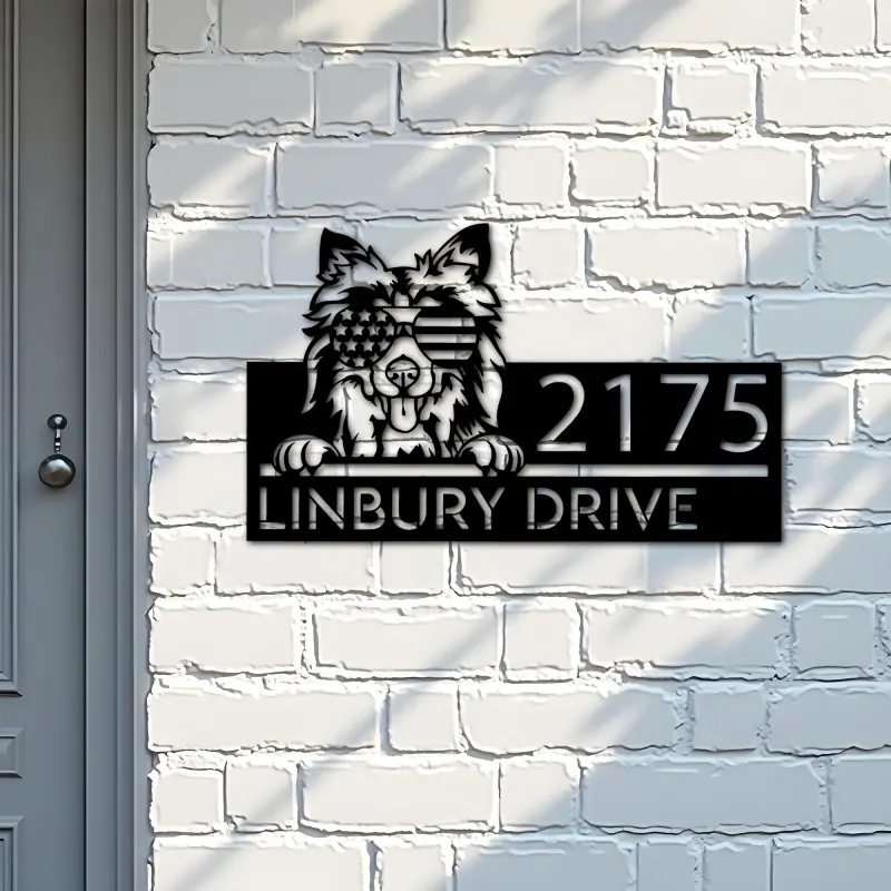 Custom Metal Shetland Sheepdog US flag glasses Metal Address Sign House number Hanging Address Plaque Yard Sign Outdoor decor