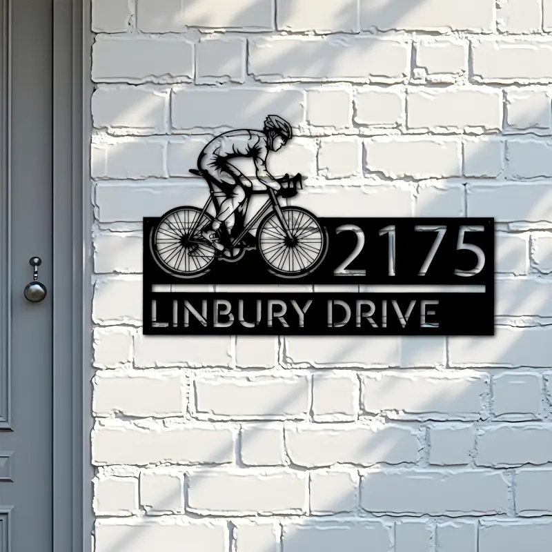 Custom Metal Cyclist biker Metal Address Sign, House number, Outdoor Number Signage, Yard Sign Address Plate