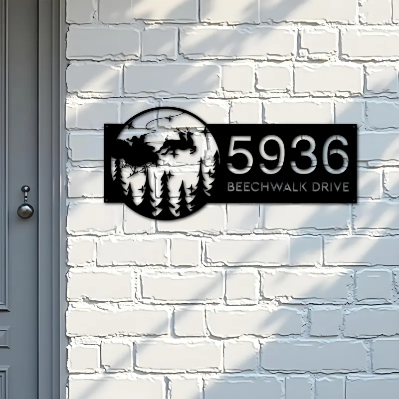 Custom Metal Santa Claus flying on sleigh Christmas Metal Address Sign, House number, Outdoor Number Signage, Yard Sign Address Plate