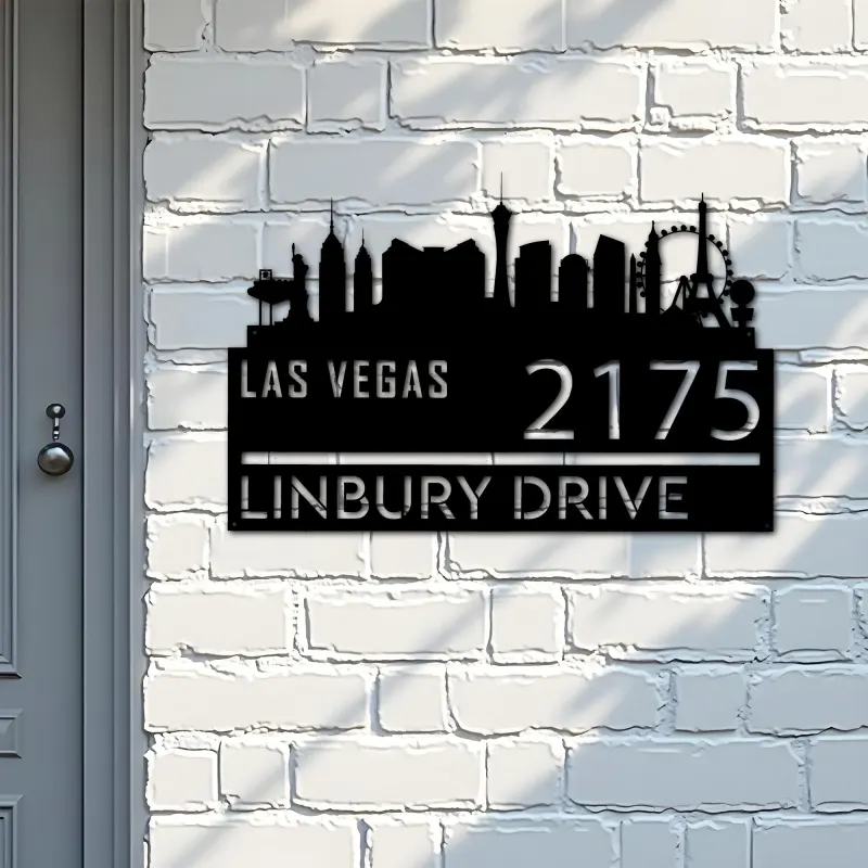 Custom Metal Las Vegas city skyline Metal Address Sign Hanging Address Plaque house number Yard Outdoor Sign