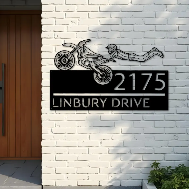 Custom Metal Motocross dirtbike biker Metal Address Sign, House number, Outdoor Number Signage, Yard Sign Address Plate