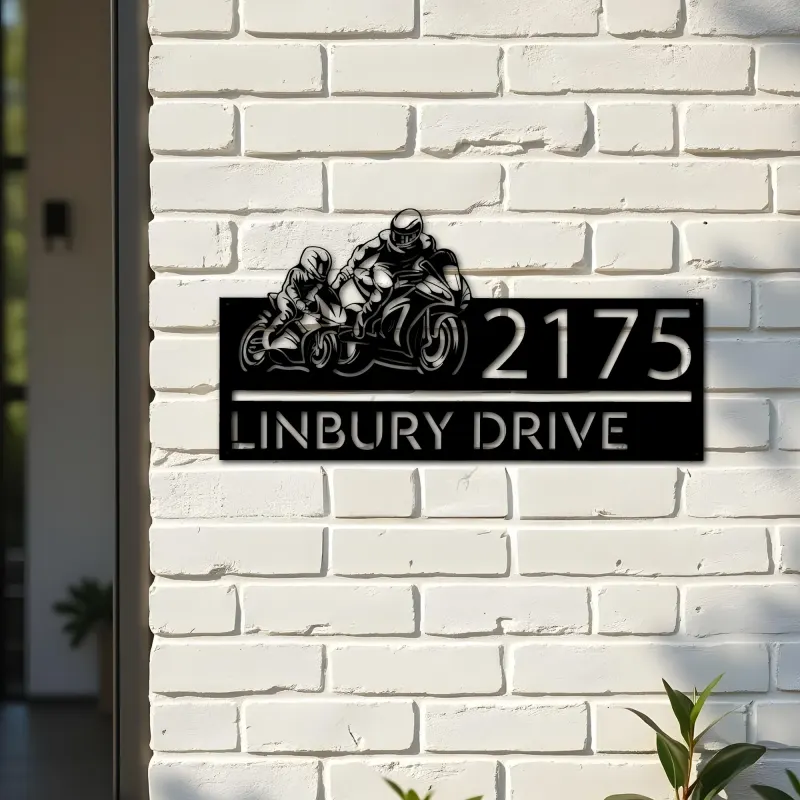 Custom Metal Father and son biker Metal Address Sign, House number, Outdoor Number Signage, Yard Sign Address Plate