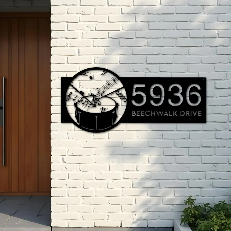 Custom Metal Drum music notes Metal Address Sign Custom House number Hanging Address Plaque Yard Sign Outdoor Sign