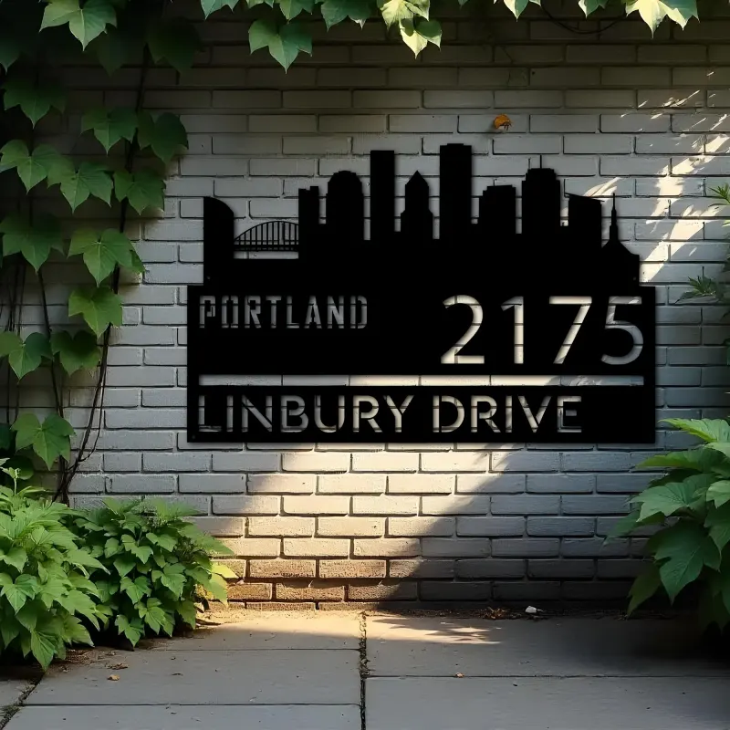 Custom Metal Portland city skyline Metal Address Sign Hanging Address Plaque house number Yard Outdoor Sign