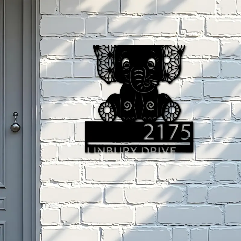 Custom Metal Cute Baby elephant Metal Address Sign, House number, Outdoor Number Signage, Yard Sign Address Plate