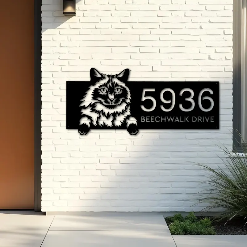 Custom Metal Balinese Cute peeking cat kitten Metal Address Sign, House number, Outdoor Number Signage, Yard Sign Address Plate