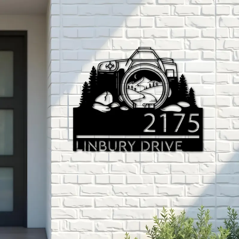 Custom Metal Camera mountain scene photography Metal Address Sign, House number, Outdoor Number Signage, Yard Sign Address Plate
