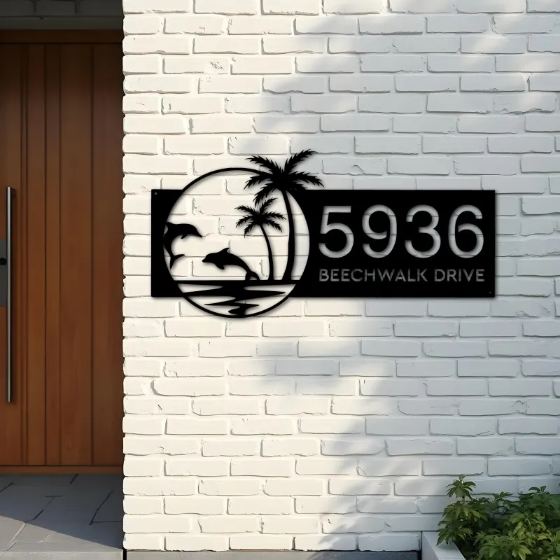Custom Metal Dolphins Palm trees Metal Address Sign, House number, Outdoor Number Signage, Yard Sign Address Plate