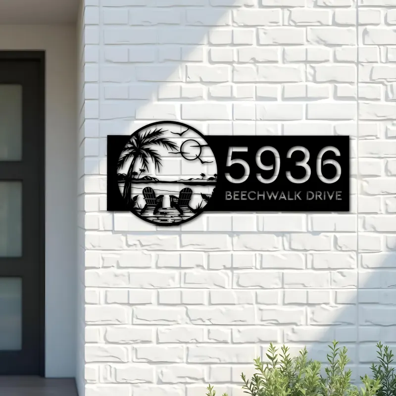 Custom Metal Palm Tree Chairs on Beach Sunset Metal Address Sign Custom House number Hanging Address Plaque Yard Sign Outdoor