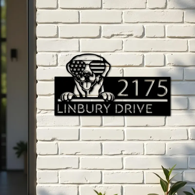 Custom Metal Labrador dog US flag glasses Metal Address Sign House number Hanging Address Plaque Yard Sign Outdoor decor