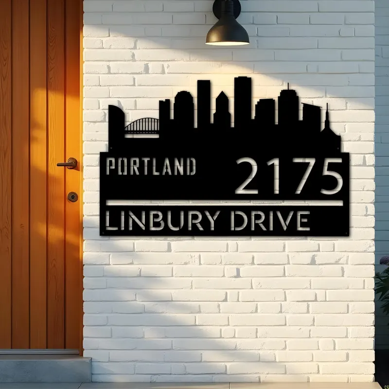 Custom Metal Portland city skyline Metal Address Sign Hanging Address Plaque house number Yard Outdoor Sign