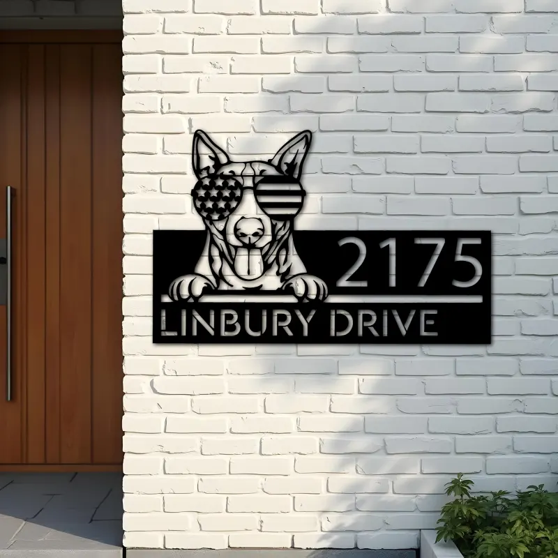 Custom Metal Bull Terrier dog US flag glasses Metal Address Sign House number Hanging Address Plaque Yard Sign Outdoor decor
