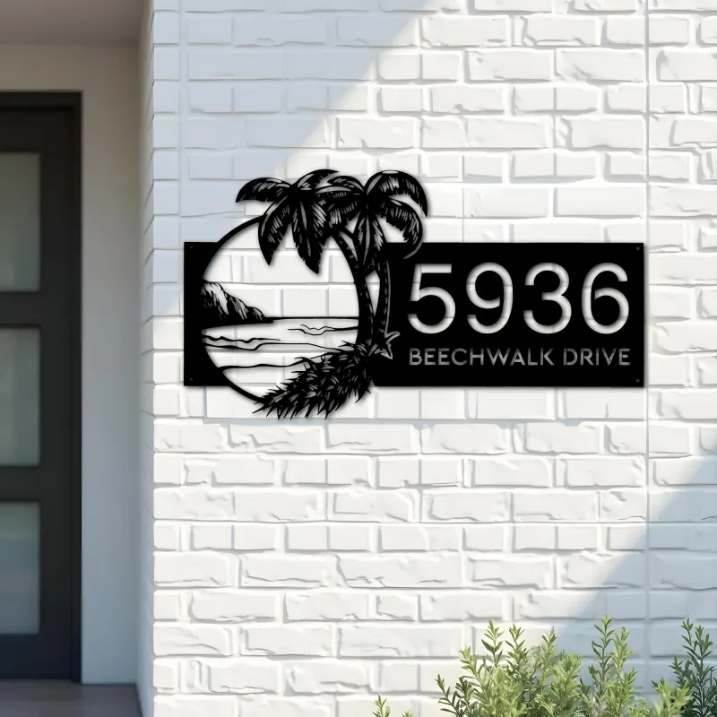 Custom Metal Island Beach Scene Palm Tree Metal Address Sign, House number, Outdoor Number Signage, Yard Sign Address Plate
