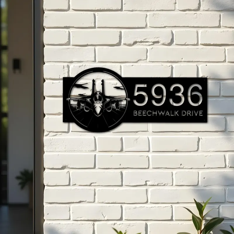 Custom Metal Jet fighter airplane US Airforce Metal Address Sign Custom House number Hanging Address Plaque Yard Sign Outdoor
