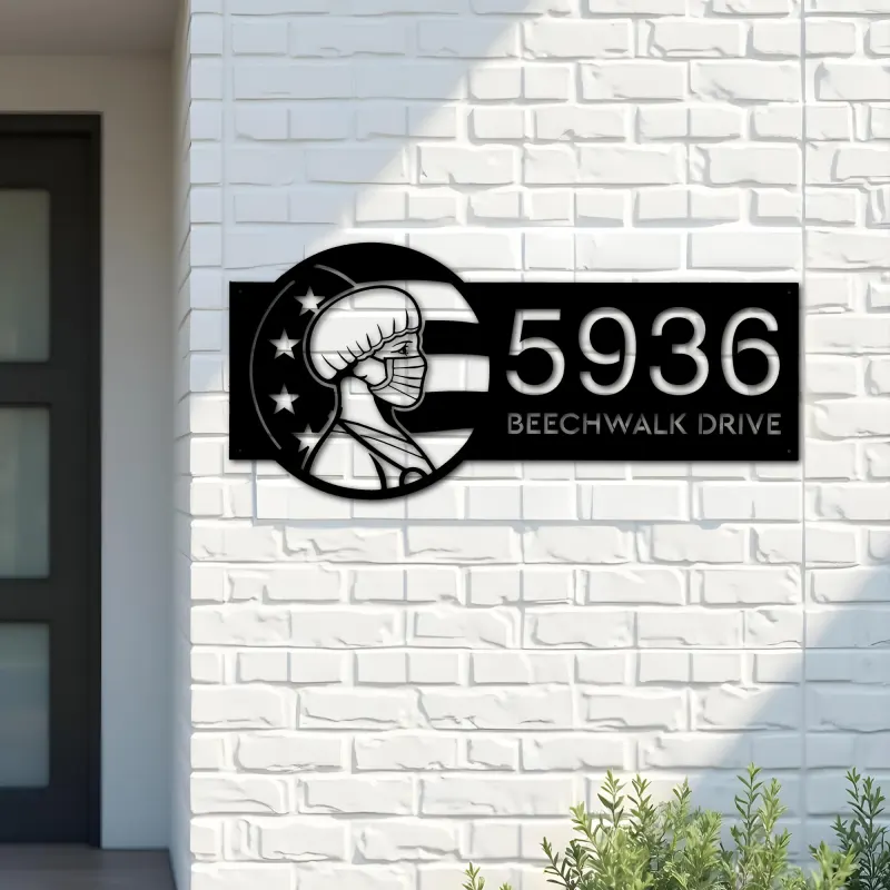 Custom Metal American Nurse Wearing Mask Metal Address Sign, House number, Outdoor Number Signage, Yard Sign Address Plate