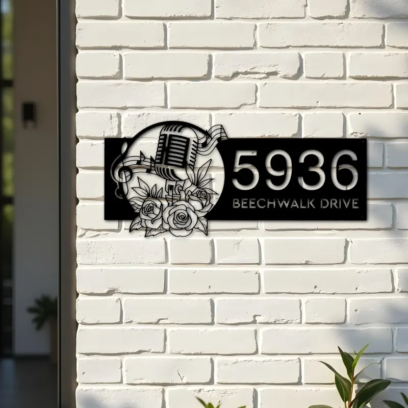 Custom Metal Floral microphone Musical notes Metal Address Sign, House number, Outdoor Number Signage, Yard Sign Address Plate