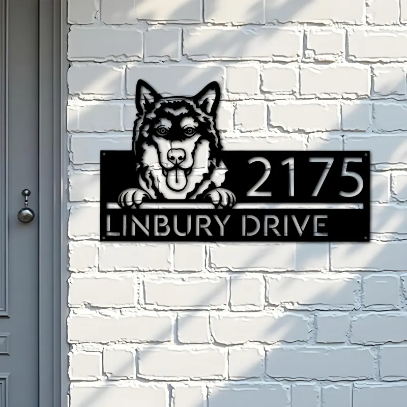 Custom Metal Alaskan Malamute dog cute puppy Metal Address Sign House number Hanging Address Plaque Yard Sign Outdoor decor