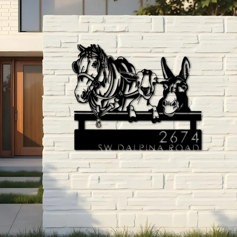 Custom Metal Horse Mule Goat farmhouse farm animals Metal Address Sign, House number, Outdoor Number Signage, Yard Sign Address Plate