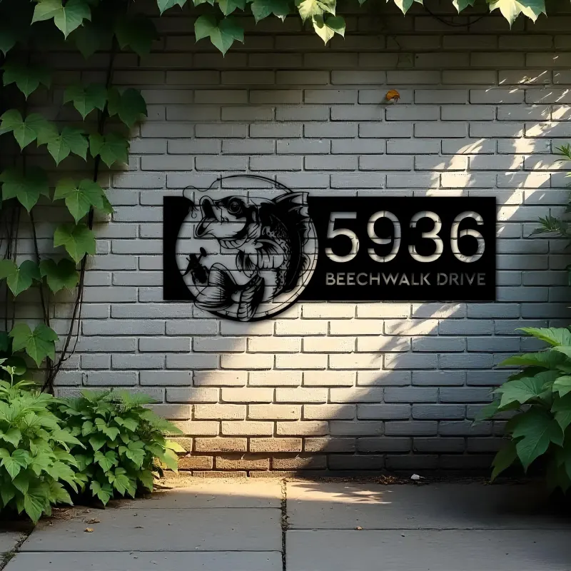 Custom Metal Bass fishing rod bait hook Metal Address Sign, House number, Outdoor Number Signage, Yard Sign Address Plate