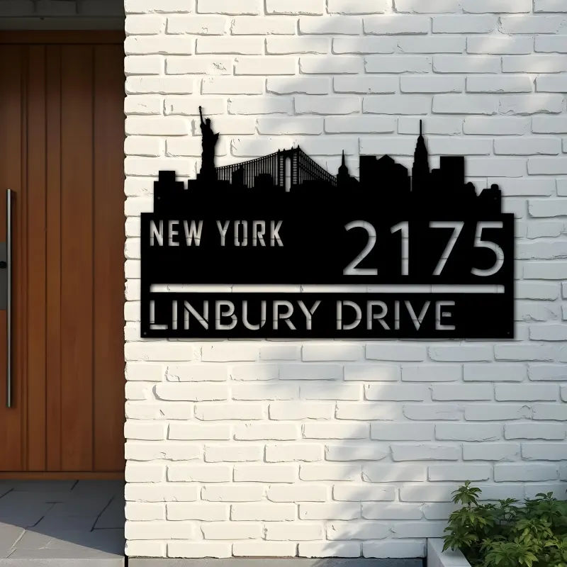 Custom Metal New York city skyline Metal Address Sign Hanging Address Plaque house number Yard Outdoor Sign
