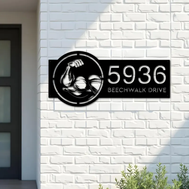 Custom Metal Bicep Muscle Gym bodybuilding Metal Address Sign, House number, Outdoor Number Signage, Yard Sign Address Plate
