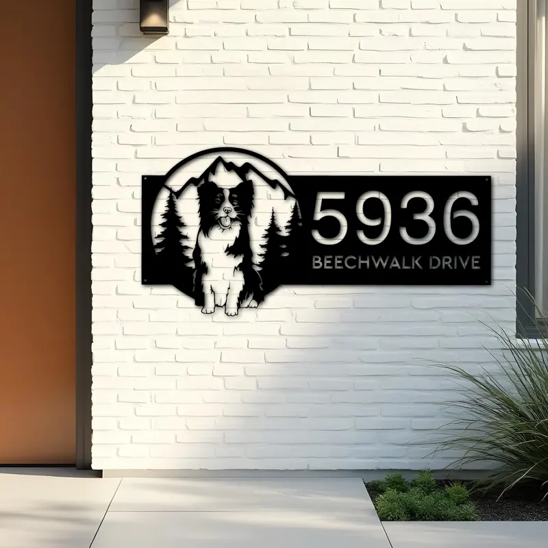 Custom Metal Dog mountain scene Metal Address Sign, House number, Outdoor Number Signage, Yard Sign Address Plate