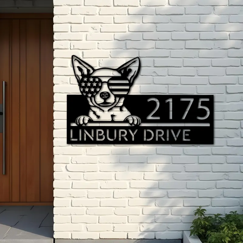Custom Metal Chihuahua dog US flag glasses Metal Address Sign House number Hanging Address Plaque Yard Sign Outdoor decor