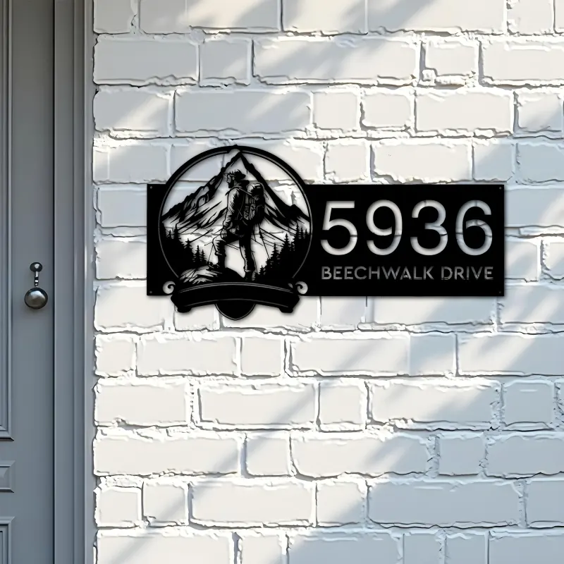Custom Metal Mountain hiking Hiker camper Metal Address Sign, House number, Outdoor Number Signage, Yard Sign Address Plate