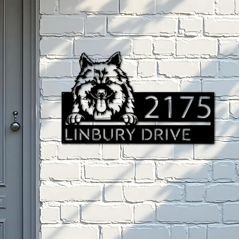 Custom Metal Keeshond dog Cute puppy Metal Address Sign House number Hanging Address Plaque Yard Sign Outdoor decor