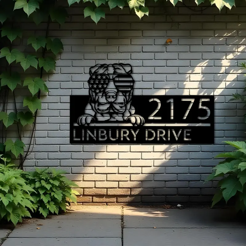 Custom Metal Sharpei dog US flag glasses Metal Address Sign House number Hanging Address Plaque Yard Sign Outdoor decor