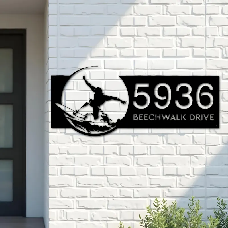 Custom Metal Surfer surfing Metal Address Sign, House number, Outdoor Number Signage, Yard Sign Address Plate