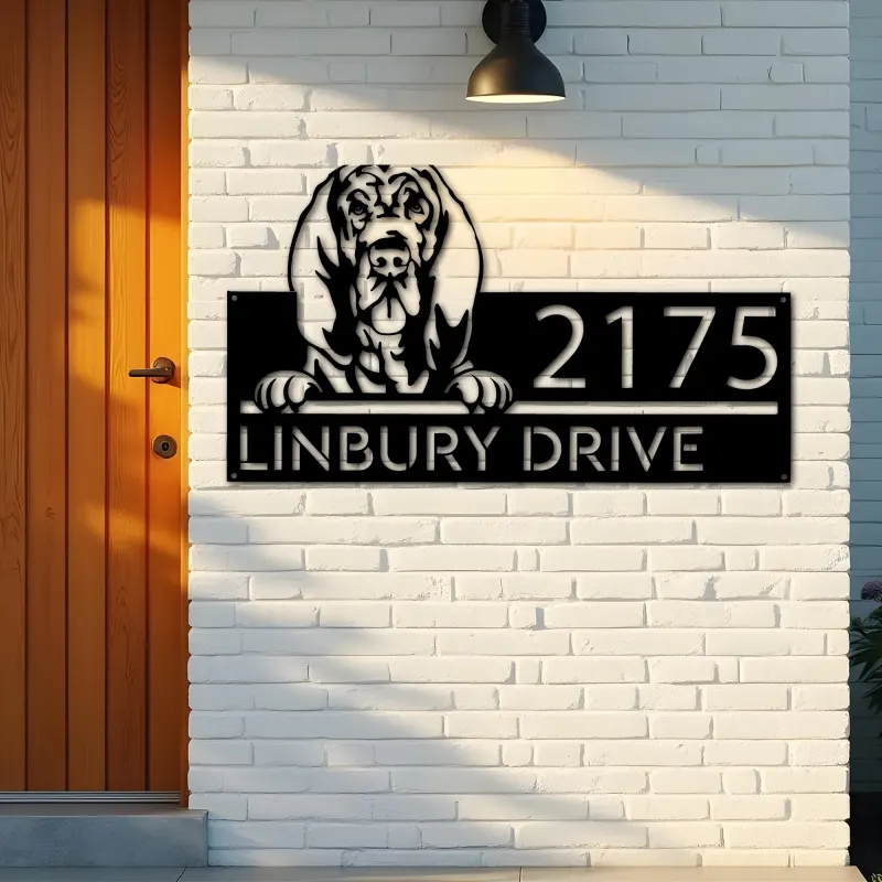 Custom Metal Bloodhound dog cute puppy Metal Address Sign House number Hanging Address Plaque Yard Sign Outdoor decor