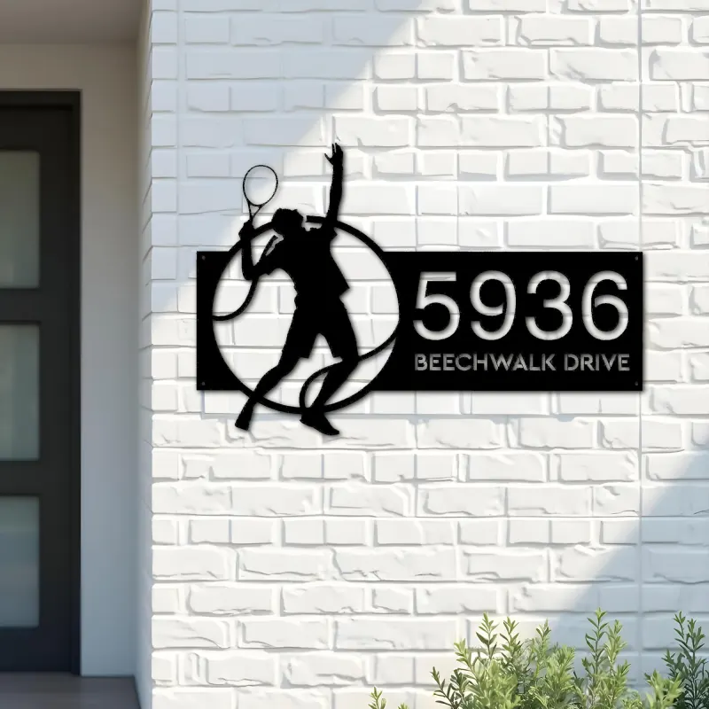 Custom Metal Tennis player Metal Address Sign, House number, Outdoor Number Signage, Yard Sign Address Plate