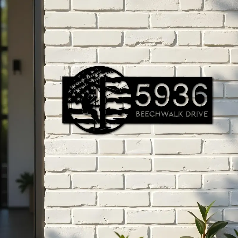 Custom Metal Electrician lineman US flag Metal Address Sign, House number, Outdoor Number Signage, Yard Sign Address Plate