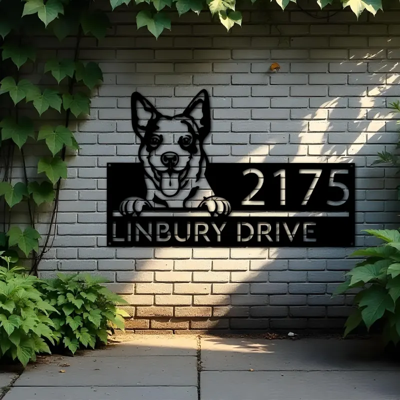 Custom Metal Australian Cattle dog cute puppy Metal Address Sign House number Hanging Address Plaque Yard Sign Outdoor decor