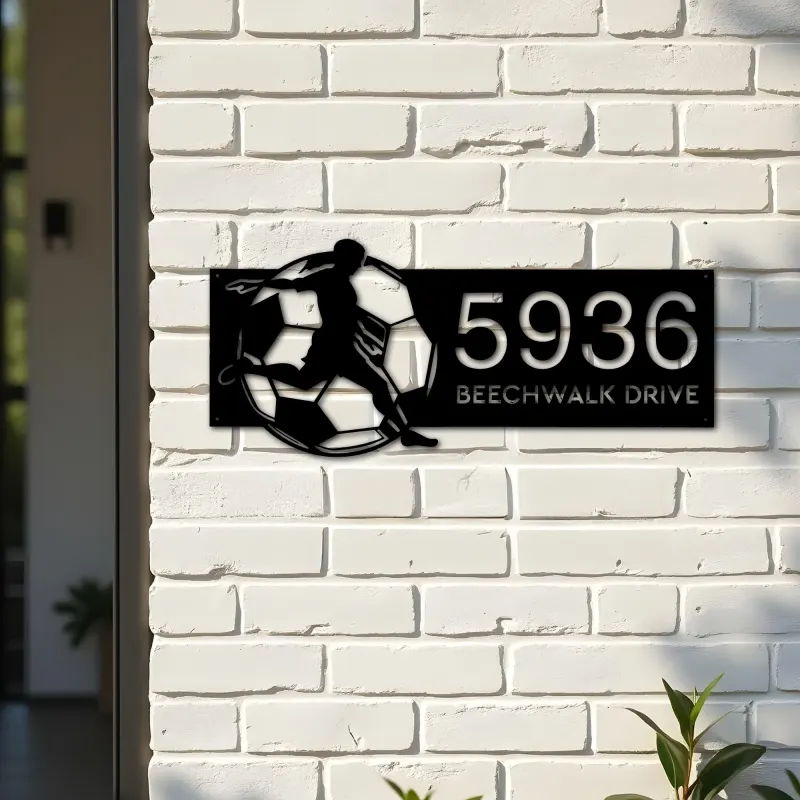 Custom Metal Soccer player football Metal Address Sign, House number, Outdoor Number Signage, Yard Sign Address Plate