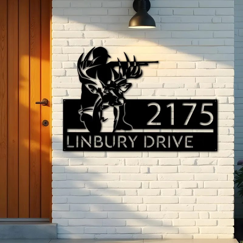 Custom Metal Deer hunter deer hunting Metal Address Sign, House number, Outdoor Number Signage, Yard Sign Address Plate