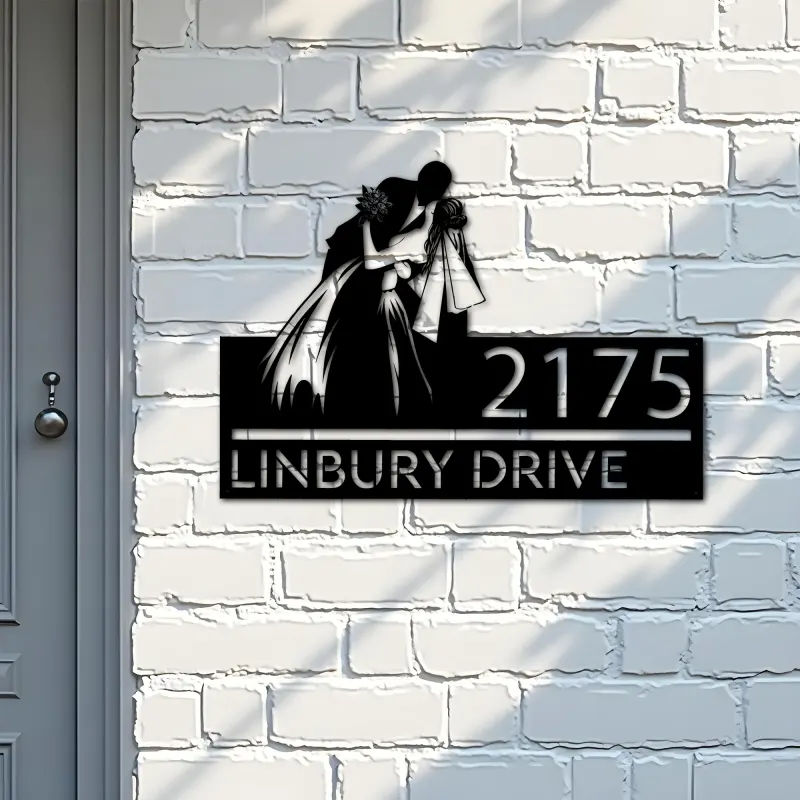 Custom Metal Kissing bride and groom Metal Address Sign, House number, Outdoor Number Signage, Yard Sign Address Plate