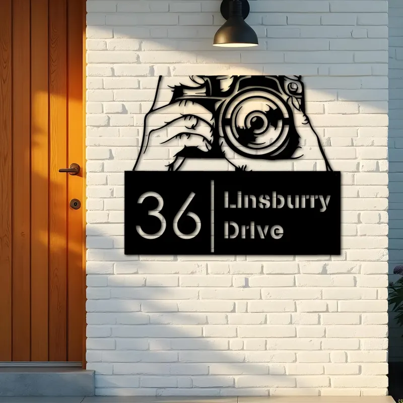 Custom Metal Hands holding camera photography Metal Address Sign, House number, Outdoor Number Signage, Yard Sign Address Plate