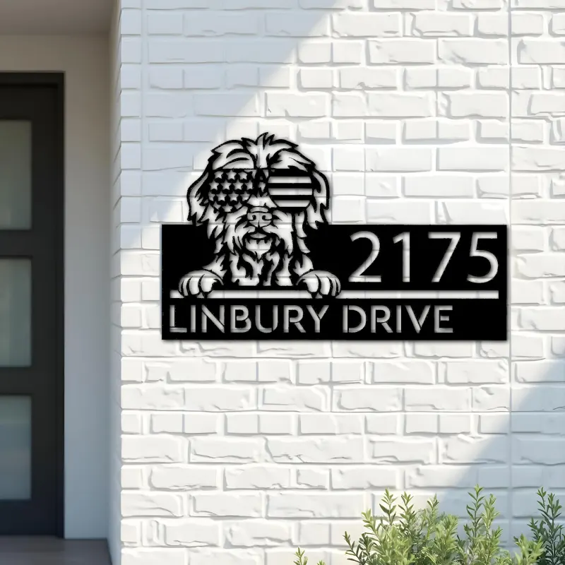 Custom Metal Wirehaired dog US flag glasses Metal Address Sign House number Hanging Address Plaque Yard Sign Outdoor decor