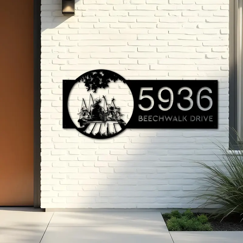 Custom Metal Dad and children go fishing Metal Address Sign Custom House number Hanging Address Plaque Yard Sign Outdoor