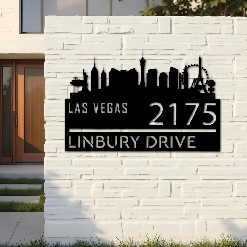Custom Metal Las Vegas city skyline Metal Address Sign Hanging Address Plaque house number Yard Outdoor Sign